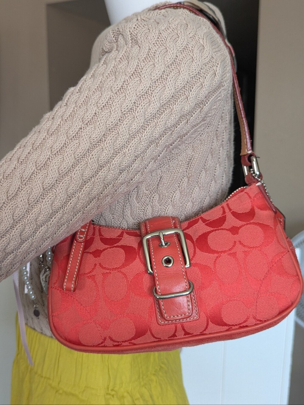 Coach Y2K Coral Red Demi Buckle Mini Shoulder Bag